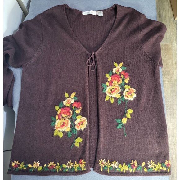 VTG Women's 1X Cardigan Sweater Brown Floral Boho Hippie Cottage Festival Fairy - Picture 6 of 12